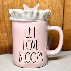 Rae Dunn Let Love Bloom Pink Mug With White Flower and Butterfly Topper